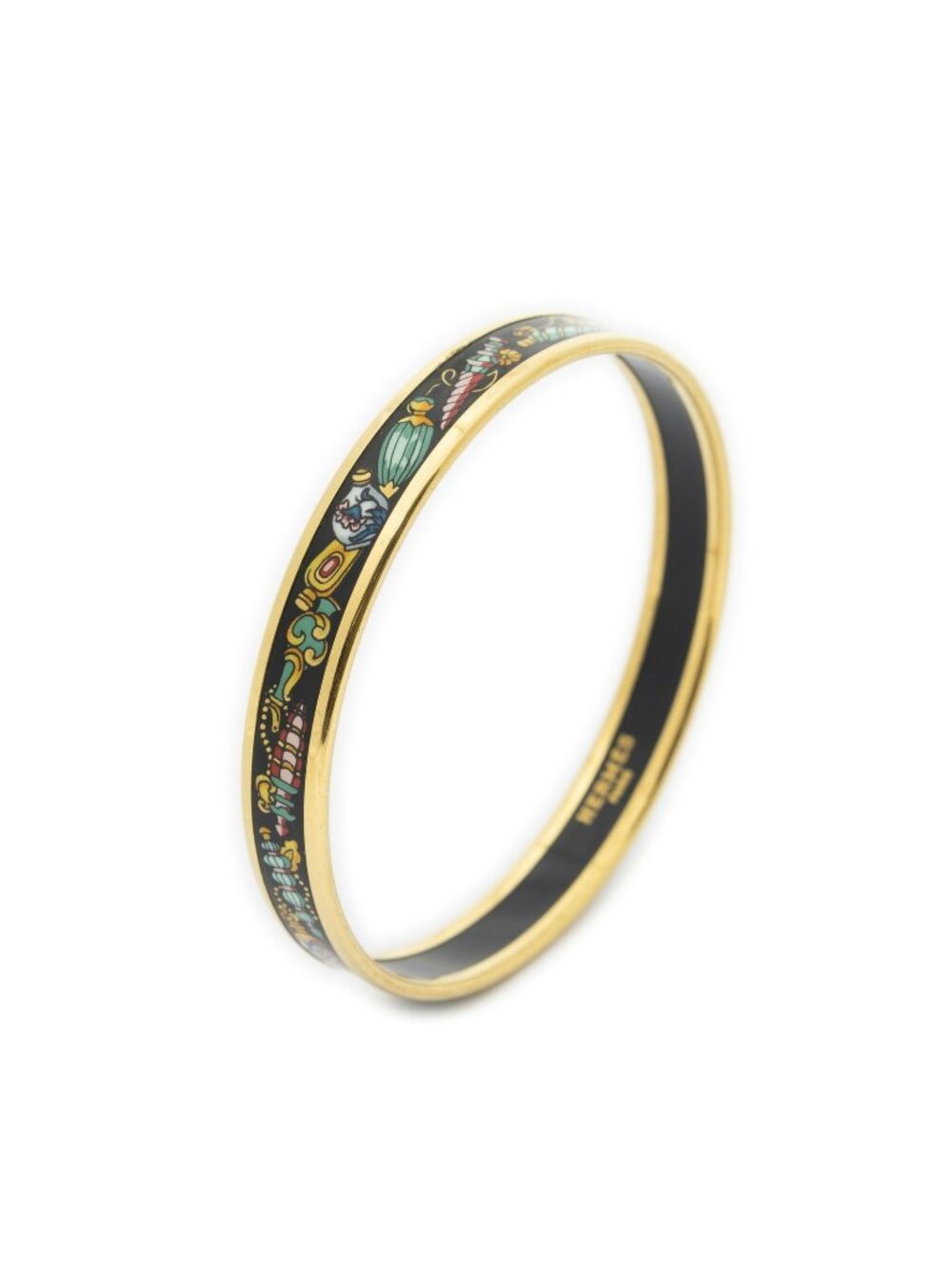 Hermes Enamel Bangle Black Gold Green Flacon Motif Bracelet